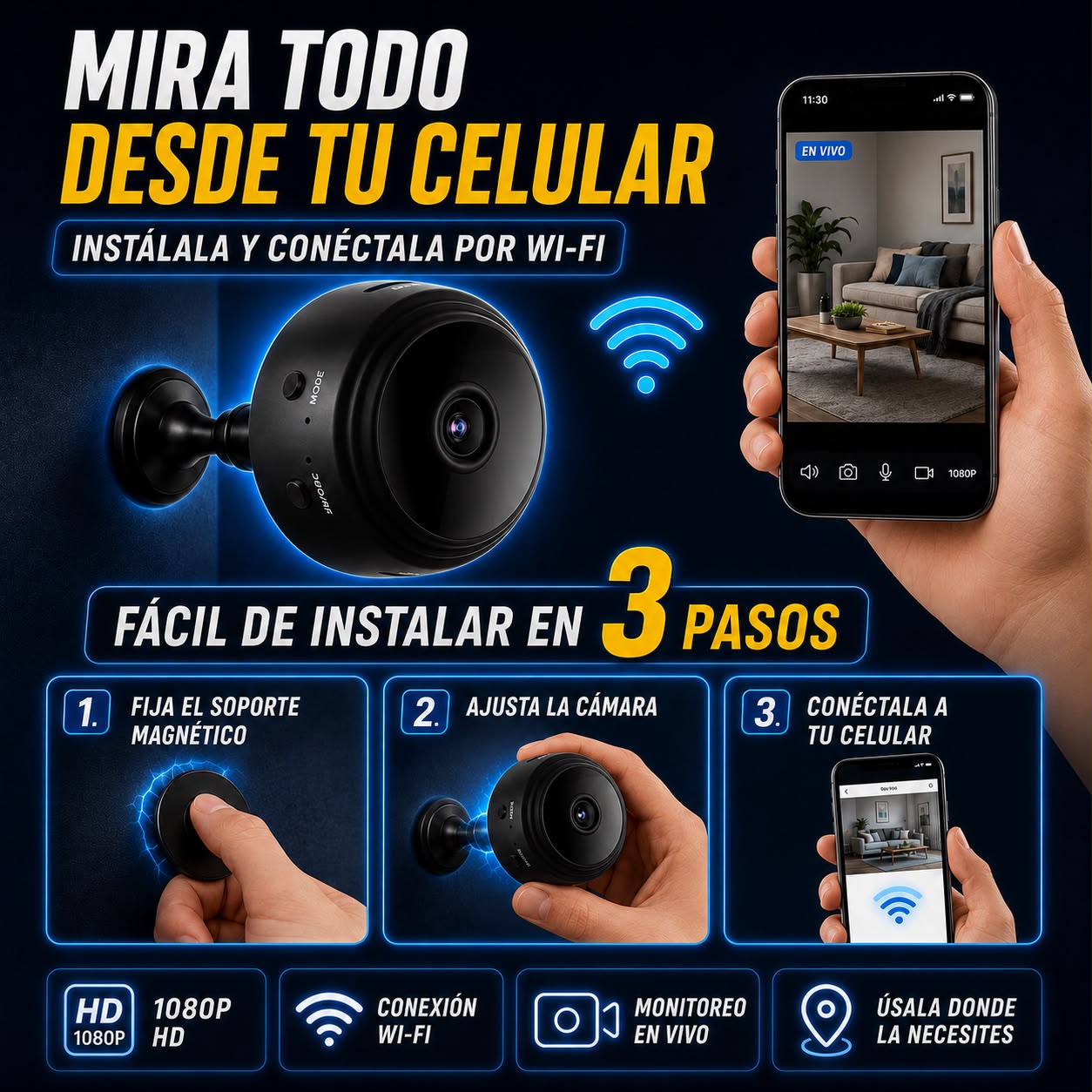 📹 Mini Cámara de Seguridad Wi-Fi 1080p ™ Pro con Soporte Magnético