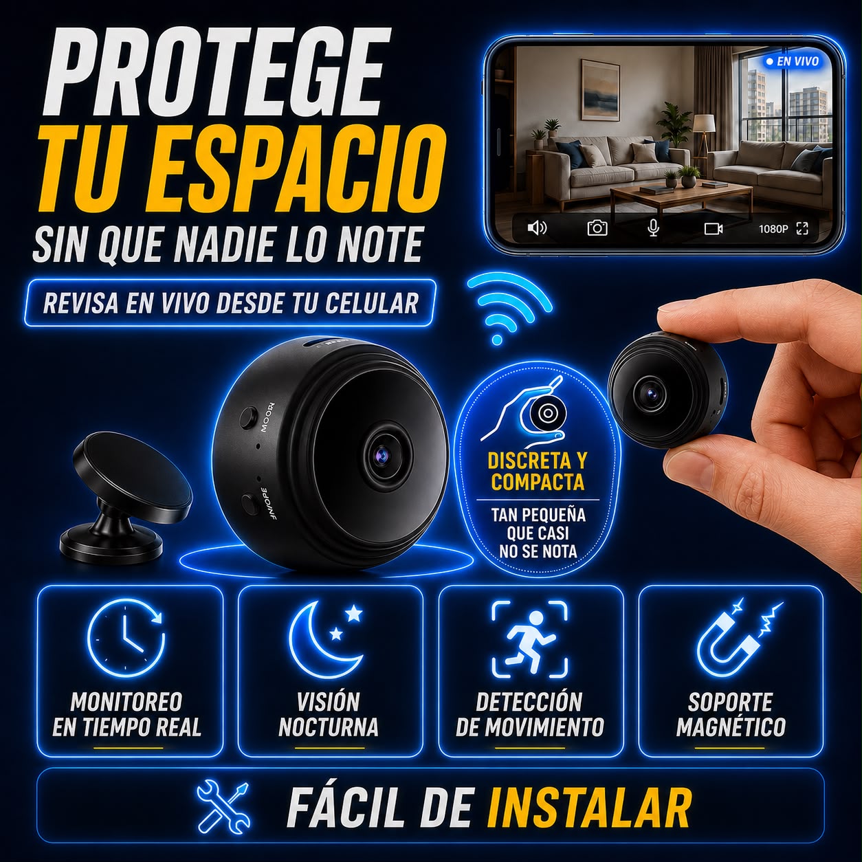 📹 Mini Cámara de Seguridad Wi-Fi 1080p ™ Pro con Soporte Magnético